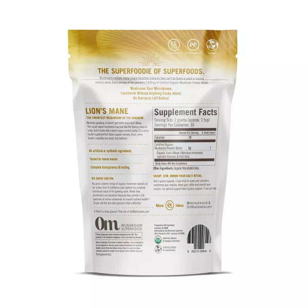 Om Mushroom Superfood   Organic Lion&#39;s Mane Mushroom Superfood - 2.1 oz (60 Grams)