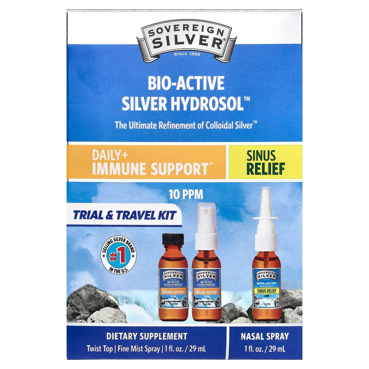 Sovereign Silver Bio-Active Silver Hydrosol™, Daily + Immune Support, Sinus Relief, Trial &amp; Travel Kit, 3 Piece Kit, 1 fl oz (29 ml) Each