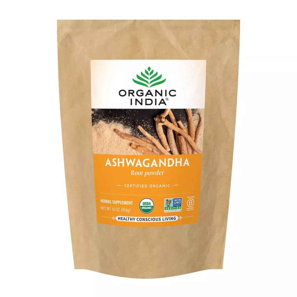 ORGANIC INDIA Ashwagandha Powder Organic - Ashwagandha Root Powder Bulk, Herbal Supplement - Vegan, Gluten-Free, Kosher, Non-GMO, Supports Stress Relief, Energy, and Sleep - 1lb Bag