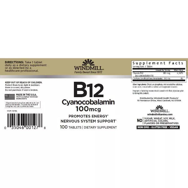 Windmill Vitamin B-12, Help Promote Energy &amp; Immune Health*, 100 mcg 100 Tablets
