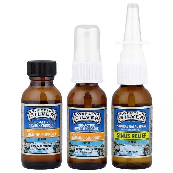 Sovereign Silver Bio-Active Silver Hydrosol™, Daily + Immune Support, Sinus Relief, Trial &amp; Travel Kit, 3 Piece Kit, 1 fl oz (29 ml) Each