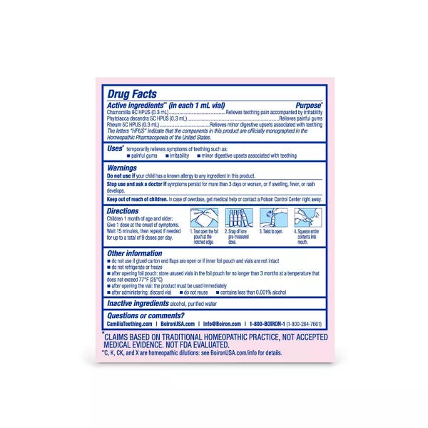 Boiron Camilia Teething Relief Liquid 5 Doses 0.034 fl oz each Homeopathic