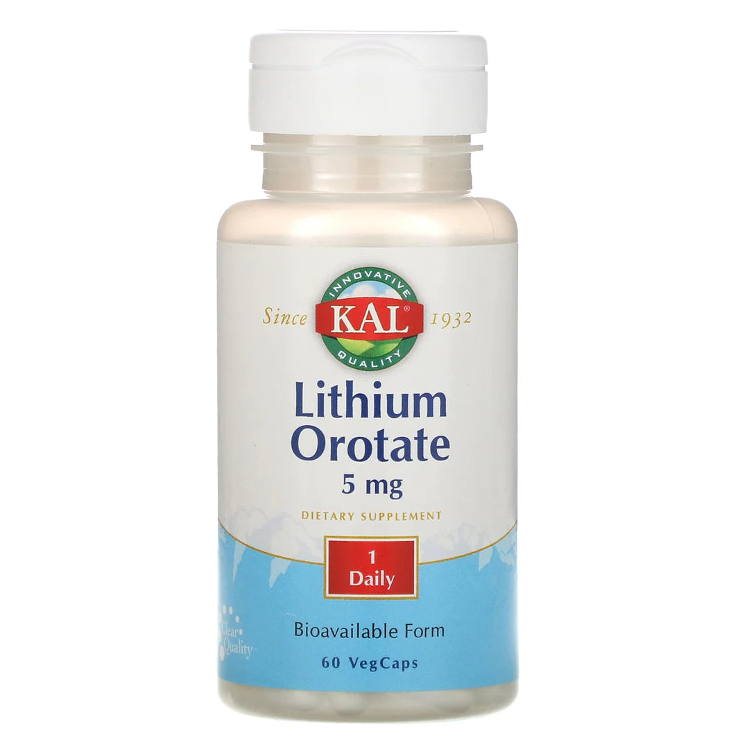 KAL Lithium Orotate 5mg | Low Serving of Chelated Lithium Orotate for Bioavailability &amp; Mood Support | in Organic Rice Bran Extract Base | 60 VegCaps