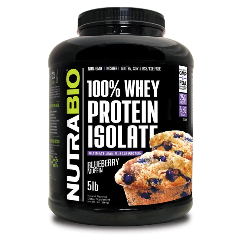NutraBio 100% Whey Protein Isolate Protein Powder – 25g Protein with Complete Amino Acid Profile, Non-GMO, Soy and Gluten Free, Low Carb and Low Calorie Whey Protein Powder - Blueberry Muffin - 5 Lbs.