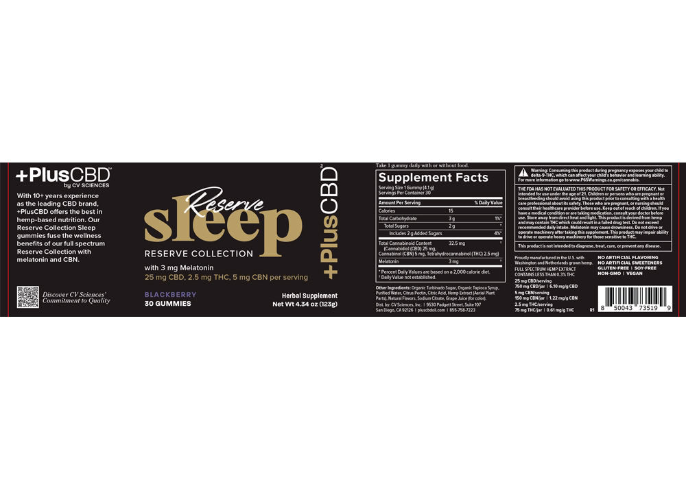 PlusCBD, Reserve Sleep Melatonin CBD Gummies, Blackberry, Full Spectrum, 30ct, 75mg THC + 150mg CBN + 750mg CBD