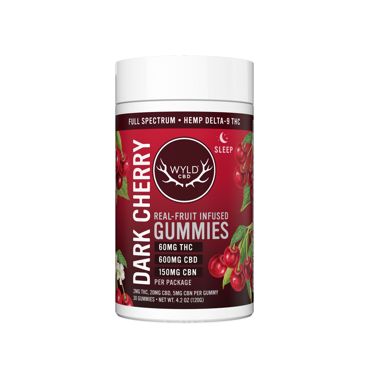 Wyld CBD, Dark Cherry Sleep CBD+THC Gummies, Full Spectrum, 30ct, 60mg THC + 150mg CBN + 600mg CBD