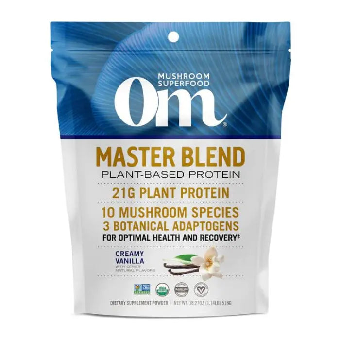 OM MUSHROOM SUPERFOOD Master Blend Plant-Based Protein Powder, 16 Servings, Creamy Vanilla with 10 Mushroom Blend &amp; Adaptogens for Recovery