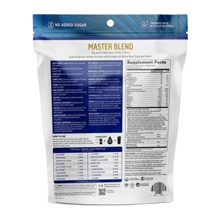 OM MUSHROOM SUPERFOOD Master Blend Plant-Based Protein Powder, 16 Servings, Creamy Vanilla with 10 Mushroom Blend &amp; Adaptogens for Recovery