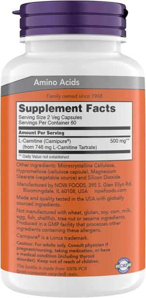 Now Supplements, L-Carnitine 250 mg, Purest Form*, Amino Acid*, Fitness Support*, Metabolic Support, Gluten Free, Vegan, Kosher, Non-GMO, 120 Vegetarian Capsules