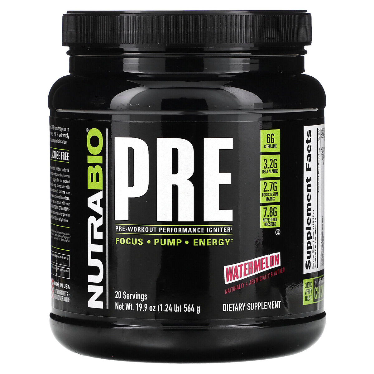 NutraBio PRE Workout Powder - New Formula- Sustained Energy, Mental Focus, Endurance - Beta Alanine, Caffeine, Electrolytes - 20 Servings - Wild Watermelon