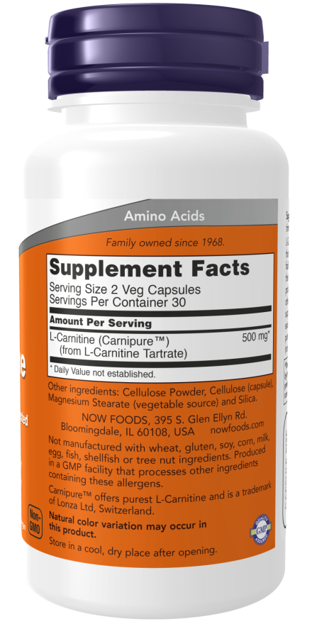 NOW Foods Supplements, L-Carnitine 250 mg, Purest Form, Amino Acid, Fitness Support*, 60 Veg Capsules