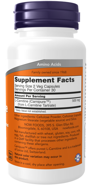 NOW Supplements, L-Carnitine 250 mg, Purest Form, Amino Acid, Fitness Support, 60 Veg Capsules