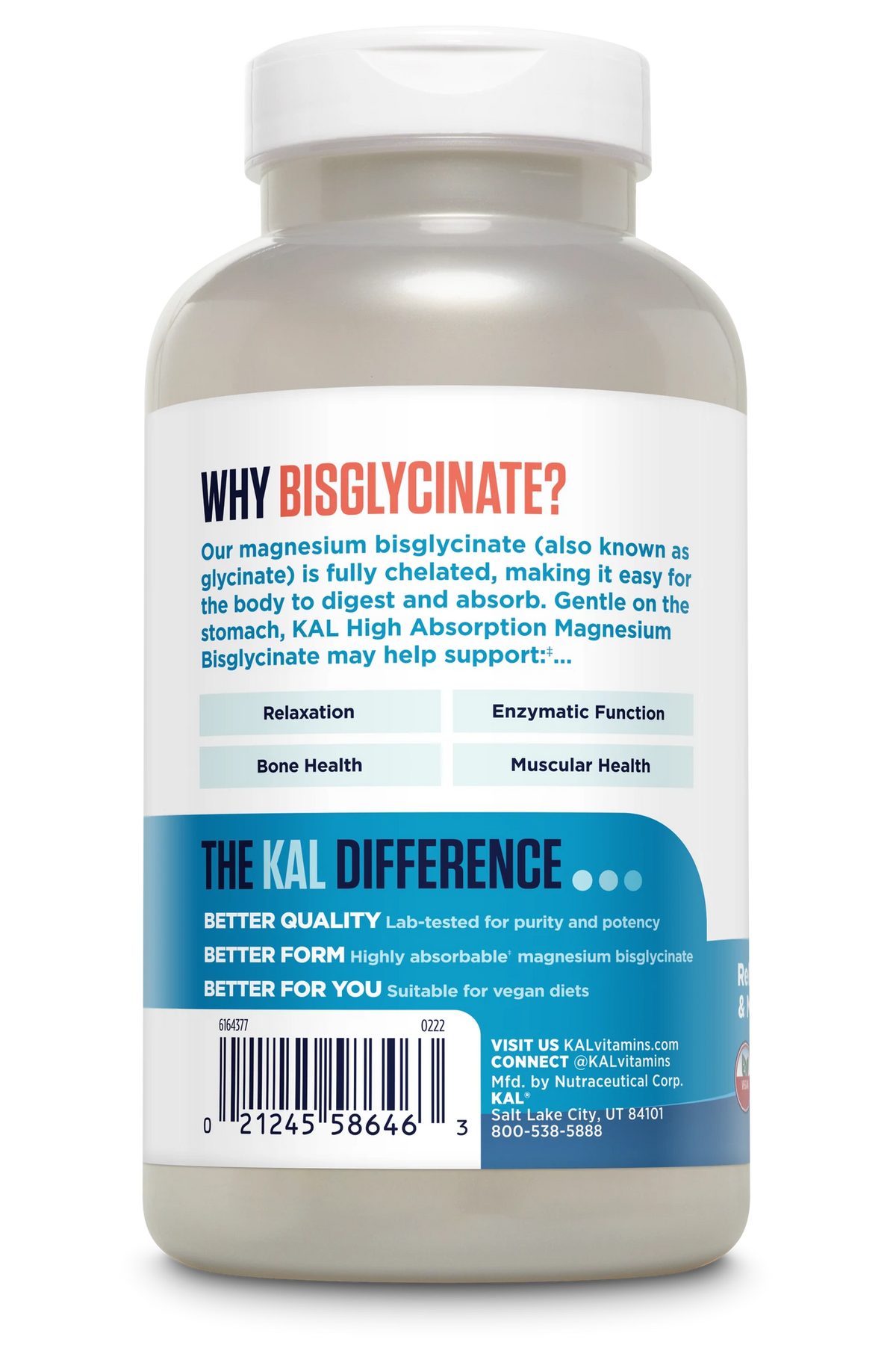 KAL Chelated Magnesium Bisglycinate, Magnesium Supplement for Relaxation, Bone Health, Nerve & Muscle Function Support*, High Absorption, Gentle Digestion, Vegan, Gluten Free, 60 Servings, 180 Tablets