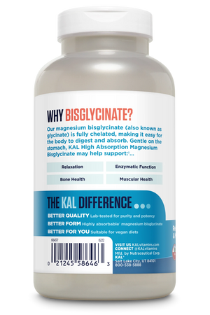 KAL Chelated Magnesium Bisglycinate, Magnesium Supplement for Relaxation, Bone Health, Nerve & Muscle Function Support*, High Absorption, Gentle Digestion, Vegan, Gluten Free, 60 Servings, 180 Tablets