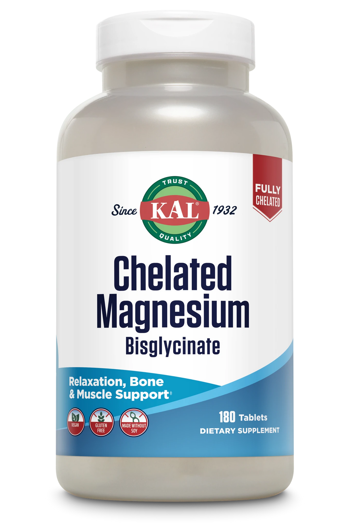 KAL Chelated Magnesium Bisglycinate, Magnesium Supplement for Relaxation, Bone Health, Nerve & Muscle Function Support*, High Absorption, Gentle Digestion, Vegan, Gluten Free, 60 Servings, 180 Tablets