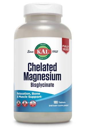 KAL Chelated Magnesium Bisglycinate, Magnesium Supplement for Relaxation, Bone Health, Nerve & Muscle Function Support*, High Absorption, Gentle Digestion, Vegan, Gluten Free, 60 Servings, 180 Tablets