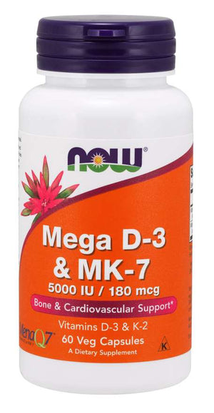 NOW Foods Supplements, Mega D-3 & MK-7 with Vitamins D-3 & K-2, 5,000 IU/180 mcg, Bone & Cardiovascular Support*, 60 Veg Capsules