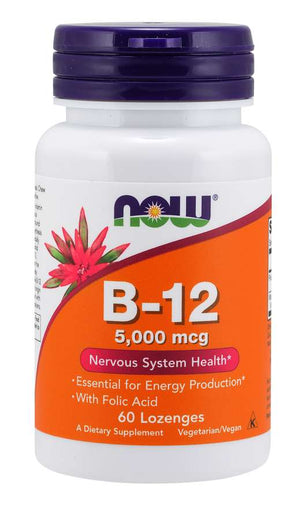NOW Foods Supplements, Vitamin B-12 5,000 mcg, With Folic Acid, Nervous System Health*, 60 Lozenges