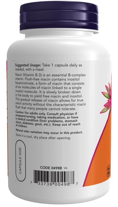 NOW Foods Supplements, Niacin (Vitamin B-3) 500 mg, Flush-Free, Double Strength, Nutritional Health, 90 Veg Capsules