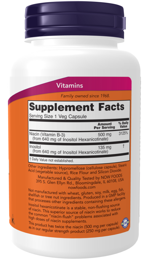NOW Foods Supplements, Niacin (Vitamin B-3) 500 mg, Flush-Free, Double Strength, Nutritional Health, 90 Veg Capsules