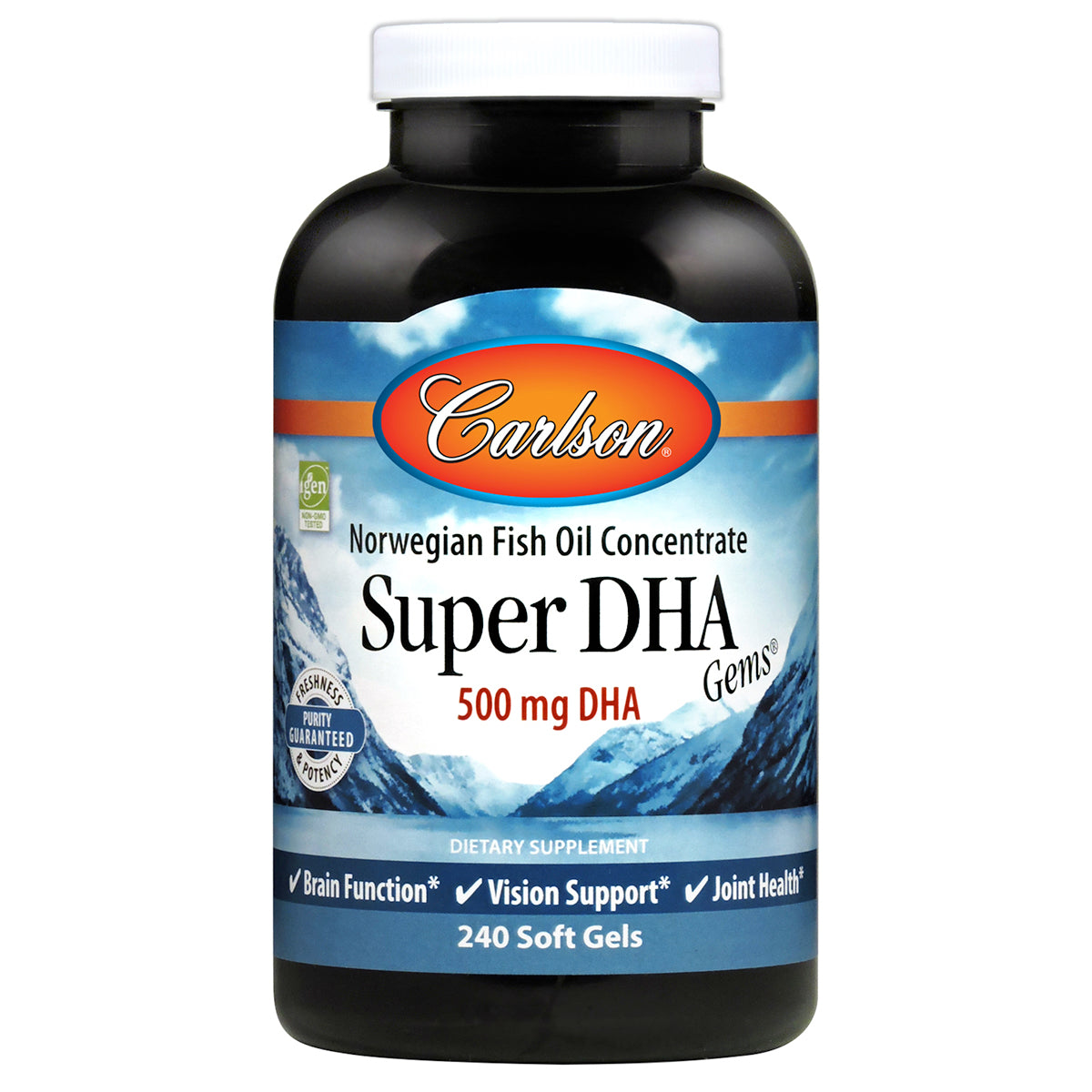Carlson Super DHA Gems - 500 mg DHA Supplements, 640 mg Fatty Acids, Norwegian Fish Oil Concentrate, Wild-Caught, Sustainably Sourced Fish Oil Capsules, 240 Softgels