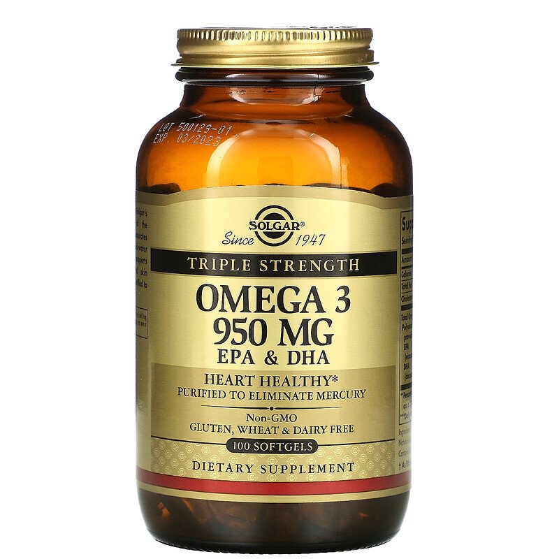 Solgar Triple Strength Omega-3 950 mg, 100 Softgels - Supports Cardiovascular, Joint &amp; Skin Health - Heart Healthy Supplement - Essential Fatty Acids - Non GMO, Gluten Free, Dairy Free - 100 Count