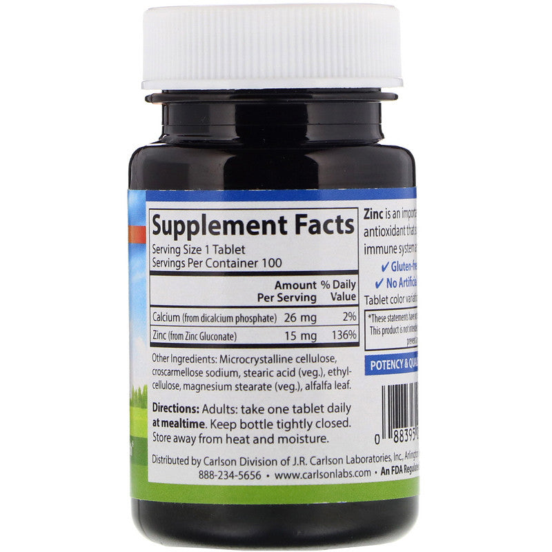 Carlson - Zinc, 15 mg, Zinc Supplement, Zinc Gluconate, Immune Support &amp; Skin Health, Zinc Tablets, Antioxidant, Zinc Capsules, 100 Tablets