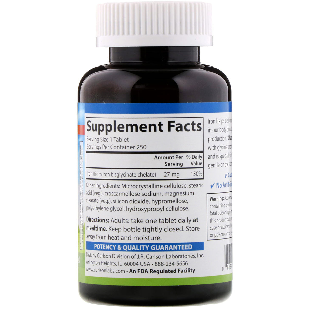 Carlson - Chelated Iron, 27 mg Superior Absorption, Blood Health, Energy Utilization &amp; Optimal Wellness, 250 tablets