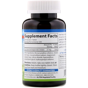 Carlson - Chelated Iron, 27 mg Superior Absorption, Blood Health, Energy Utilization & Optimal Wellness, 250 tablets