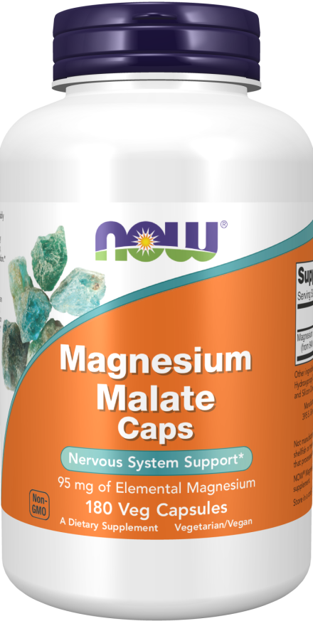 NOW Foods Supplements, Magnesium Malate Caps with 95 mg of Elemental Magnesium, Nervous System Support*, 180 Veg Capsules