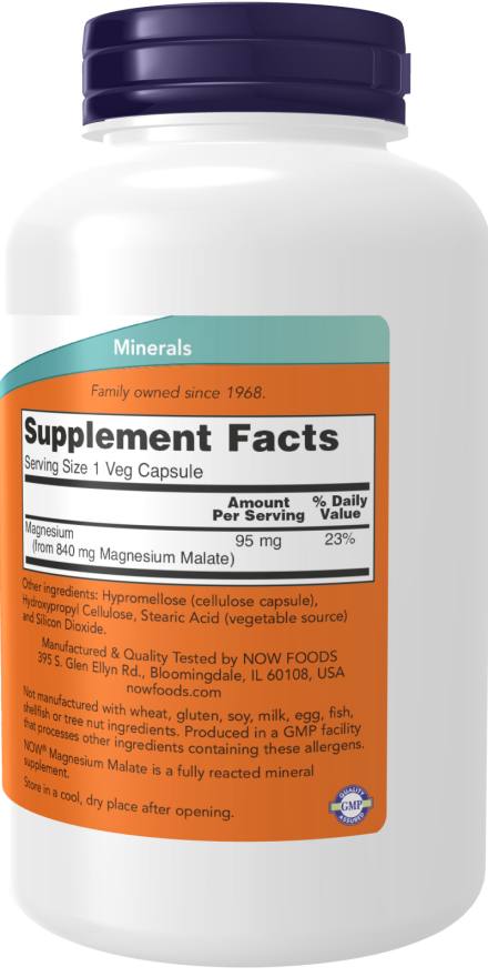 NOW Foods Supplements, Magnesium Malate Caps with 95 mg of Elemental Magnesium, Nervous System Support*, 180 Veg Capsules