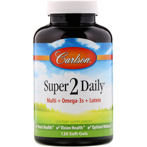 Carlson - Super-2-daily, Multi + Omega-3s + Lutein + D3, Vitamins A C D E plus Norwegian Fish Oil, Fish Oil Multivitamin, Vitamins & Minerals, Multivitamin with Lutein, 120 Softgels