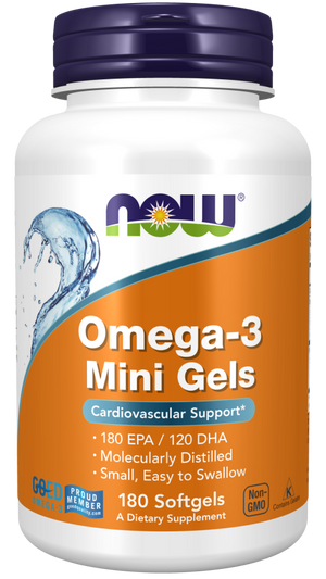 NOW Supplements, Omega-3 Mini Gels, 180 EPA/120 DHA, Molecularly Distilled, Cardiovascular Support*, 180 Softgels