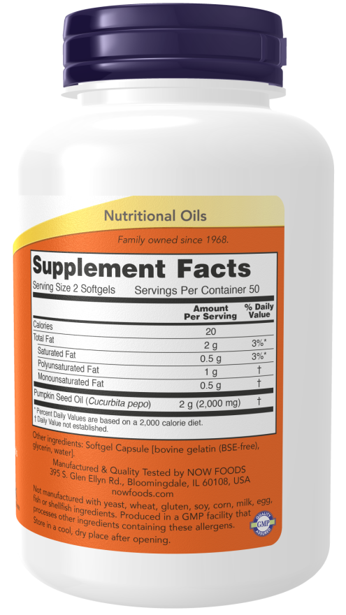 NOW Foods Supplements, Pumpkin Seed Oil 1000 mg with Essential Fatty Acids and Phytosterols, Cold Pressed, 200 Softgels