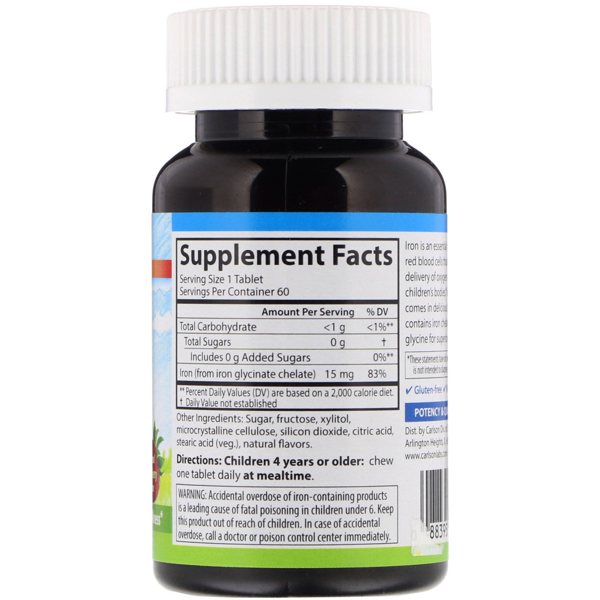 Carlson - Kid's Chewable Iron, 15 mg, Superior Absorption, Blood Health, Energy Production & Optimal Wellness, Natural Strawberry Flavor, 60 Tablets