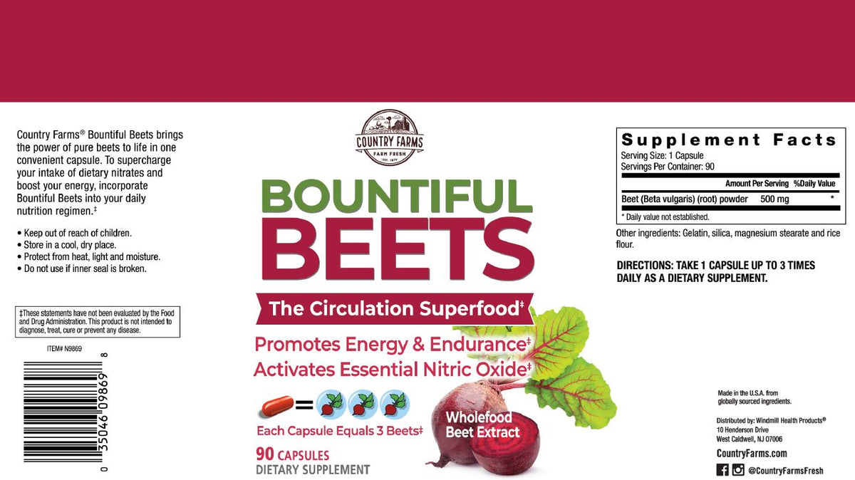 COUNTRY FARMS Bountiful Beets Capsules, Wholefood Beet Extract Superfood, Natural Nitric Oxide Booster, Beet Root Powder, Circulation and Immune Support, 90 Count, 90 Servings