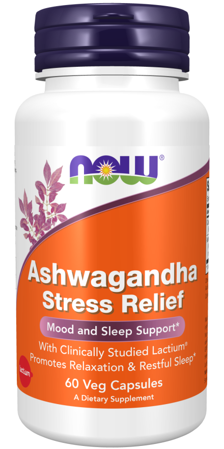 NOW Foods Supplements, Ashwagandha Stress Relief, Mood and Sleep Support*, with clinically Studied Lactium®, Promotes Relaxation and restful Sleep*, 60 Veg Capsules