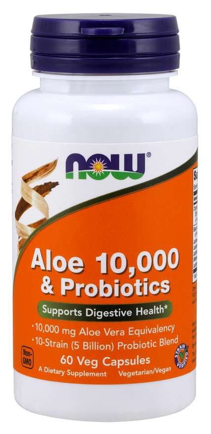 NOW Supplements, Aloe 10,000 &amp; Probiotics with 10-Strain (5 Billion) Probiotic Blend, 60 Veg Capsules