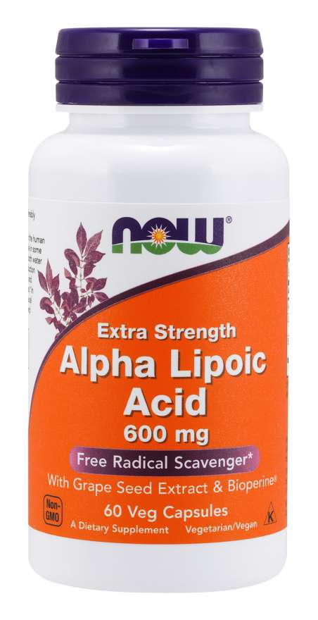 NOW Supplements, Alpha Lipoic Acid 600 mg with Grape Seed Extract &amp; Bioperine®, Extra Strength, 60 Veg Capsules