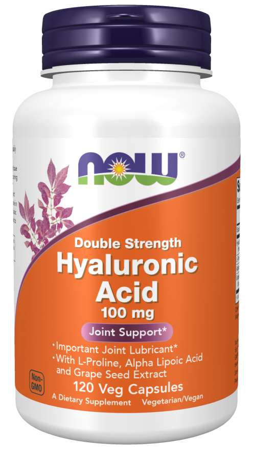 NOW Foods Supplements, Hyaluronic Acid 100 mg, Double Strength with L-Proline, Alpha Lipoic Acid and Grape Seed Extract, 120 Veg Capsules