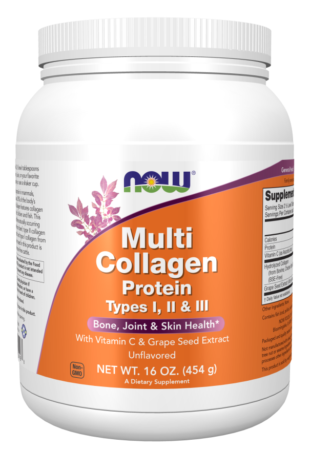 NOW Foods Supplements, Multi Collagen Protein Types I, II &amp; III Powder, Bone, Joint, and Skin Health, 16 oz (454 g)