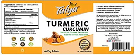 Talya Turmeric - Curcumin with Piperine Extract for Maximum Absorption - Highest Potency Available. Premium Pain Relief &amp; Joint Support with 95% Standardized Curcuminoids Non-GMO - Gluten Free Tablets