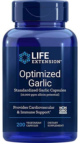 Life Extension Optimized Garlic, standardized Capsules for Heart Health, Immune Support, Cellular detoxification and Healthy platelet Function, Gluten-Free, Non-GMO, Vegetarian, 200 Capsules