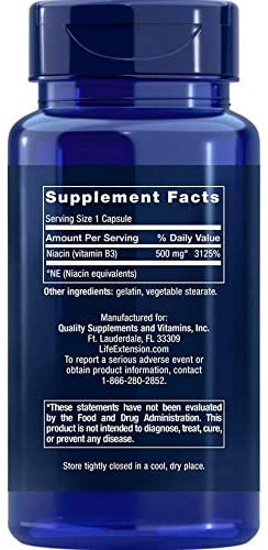 Life Extension Vitamin B3 Niacin 500 mg – Niacin (Vitamin B3), Supports Heart Health, Promotes cellular energy production – Gluten-Free, Non-GMO – 100 Capsules