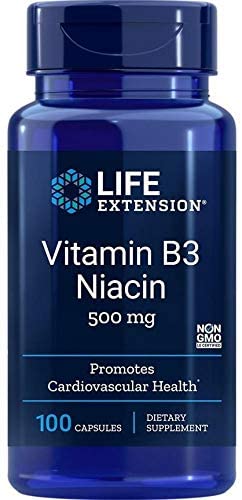 Life Extension Vitamin B3 Niacin 500 mg – Niacin (Vitamin B3), Supports Heart Health, Promotes cellular energy production – Gluten-Free, Non-GMO – 100 Capsules