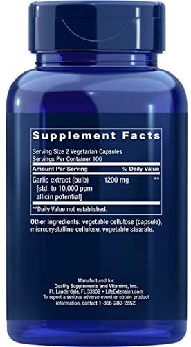 Life Extension Optimized Garlic, standardized Capsules for Heart Health, Immune Support, Cellular detoxification and Healthy platelet Function, Gluten-Free, Non-GMO, Vegetarian, 200 Capsules