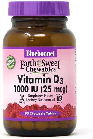 Bluebonnet Nutrition Earth Sweet® Chewables Vitamin D3 Natural Raspberry, 1000 IU, 90 Chewable Tablets