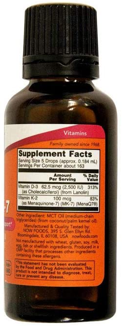 NOW Supplements, Liquid D-3 & MK-7 with 2,500 IU Vitamin D-3 & 100 mcg Vitamin K-2 per 5 drops, 1 Fl Oz