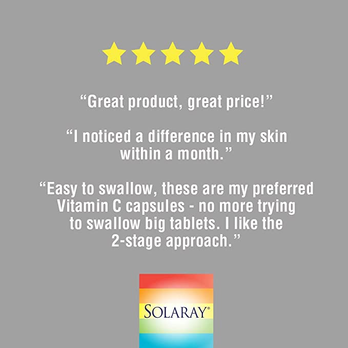 SOLARAY Vitamin C 1000 mg - High-Potency, All-Day Immunity, Blood Vessel Health and Collagen Synthesis Support - Vegan, Timed Release, 60-Day Guarantee - 250 Servings, 250 Vitamin C Capsules