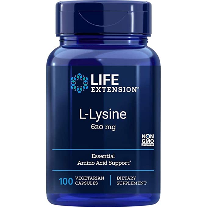 Life Extension L-Lysine, 620 mg, Essential Amino Acid for Healthy nitrogen Balance, Calcium Metabolism, Stress Response & More, Gluten-Free, Non-GMO, Vegetarian, 100 Capsules